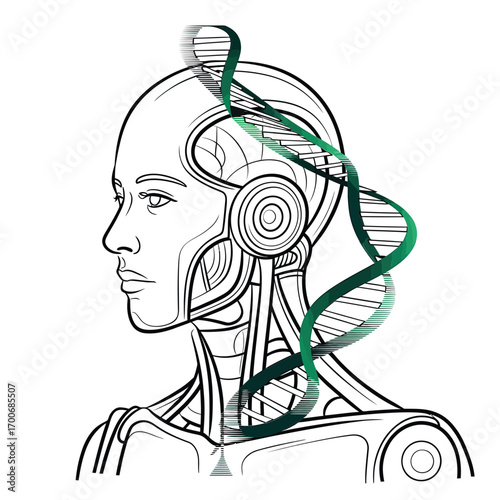Robot head with dna helix symbolizing biotechnology and artificial intelligence