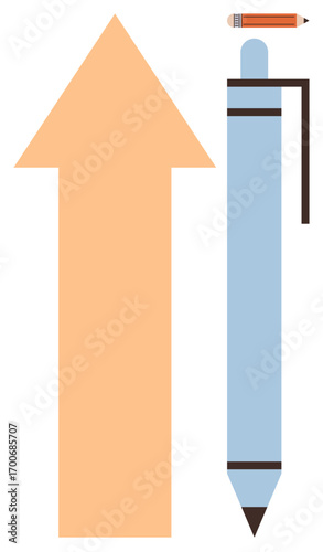 Vertical orange arrow, blue pen, and wooden pencil aligned to convey development, improvement, creativity, and growth. Ideal for productivity, education, planning success writing innovation