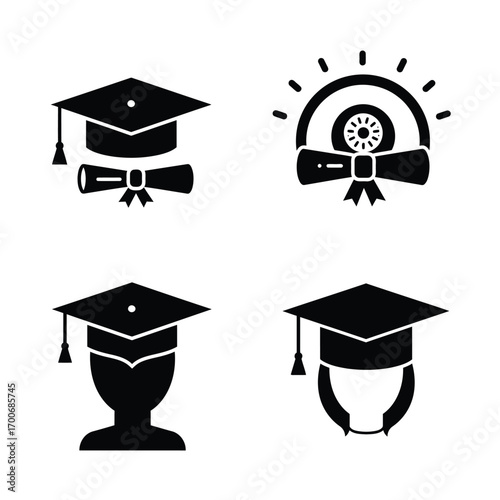 Set of four black graduation cap and diploma icons representing academic achievement education and commencement ceremonies