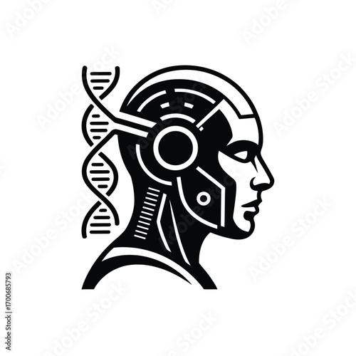 Robot head profile with dna helix symbol representing biotechnology