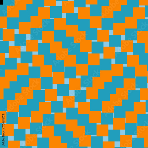 Vibrant geometric pattern with an optical illusion of interlocking orange and teal squares