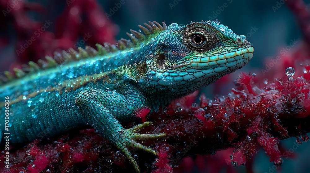 Fototapeta premium Tropical neon lizard resting on coral branch high resolution picture