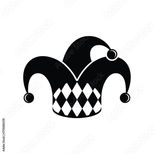 Black and white jester hat with bells and diamond pattern