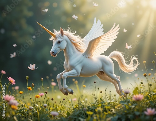 Majestic winged unicorn galloping through a vibrant field of flowers at sunrise
