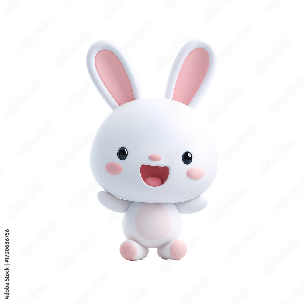 Fototapeta premium A cute white cartoon rabbit with a pink nose and ears smiles and waves. The rabbit is standing on a white background.