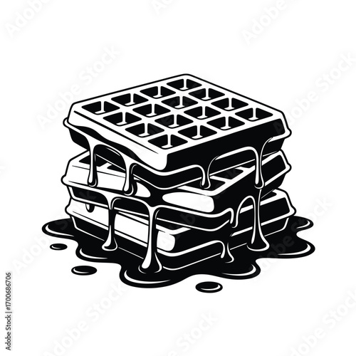 Stack of delicious waffles covered in chocolate syrup