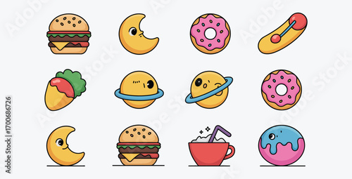 Collection of cartoon food and celestial body icons on white background