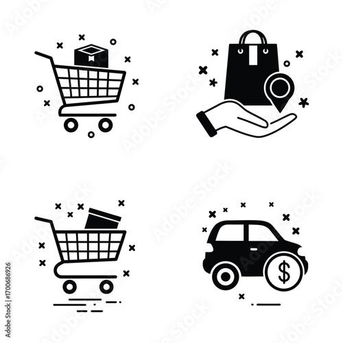 Set of four simple black and white doodle style icons representing online shopping and delivery services with shopping carts and a car