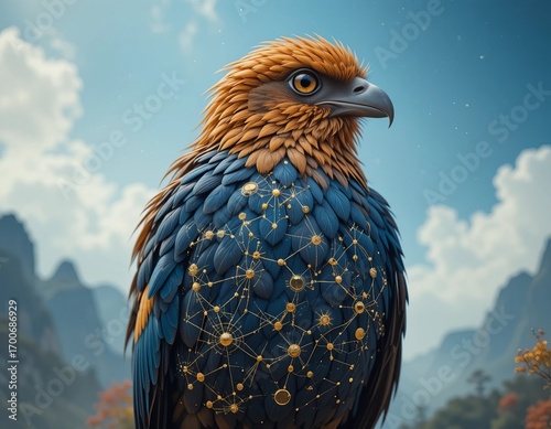 Majestic eagle with intricate celestial patterns on its chest, soaring above a serene mountain landscape.