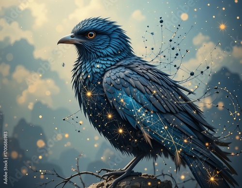 Mysterious blue bird with glowing starry connections against a dreamy sky