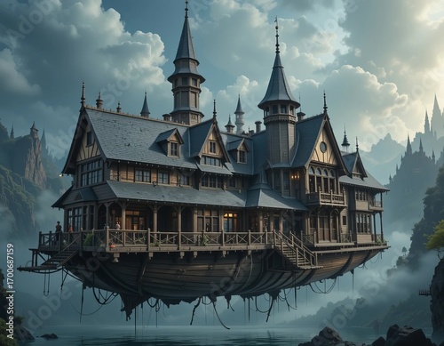 Magnificent fantasy castle floats serenely in a misty, ethereal sky above tranquil waters.