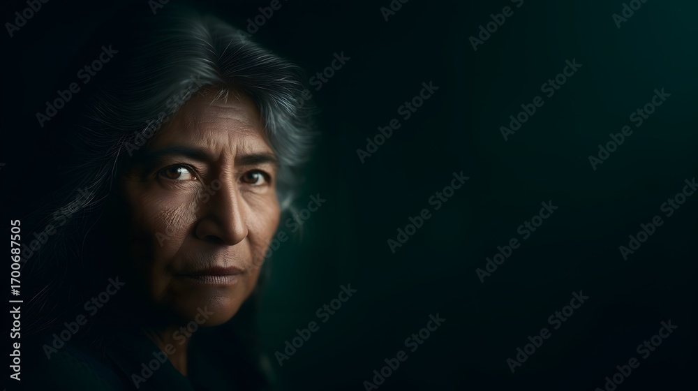 Fototapeta premium Extreme close up portrait of indigenous elder woman with silver hair and serene gaze