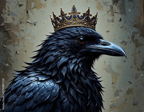 Majestic black raven wearing a regal golden crown, exuding power and mystery.