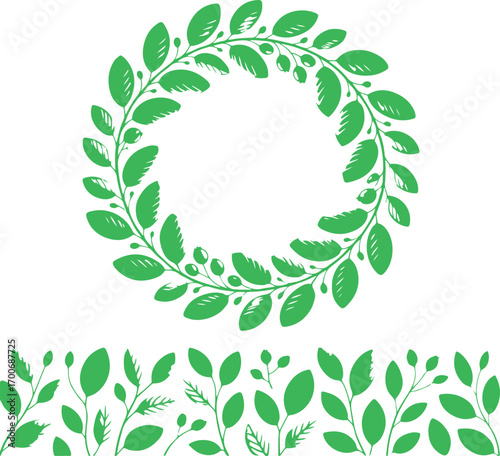 Vibrant green leafy wreath and border design with natural organic elements