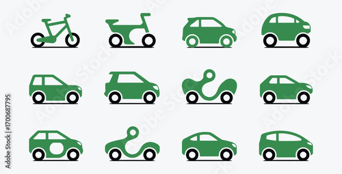 Collection of green transportation icons including cars bikes and scooters