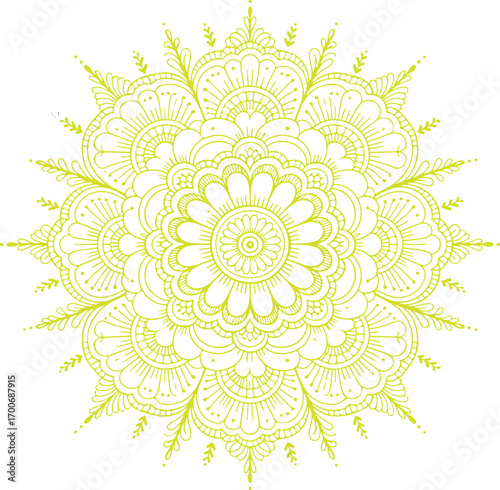 Intricate yellow mandala design with radial symmetry and geometric patterns