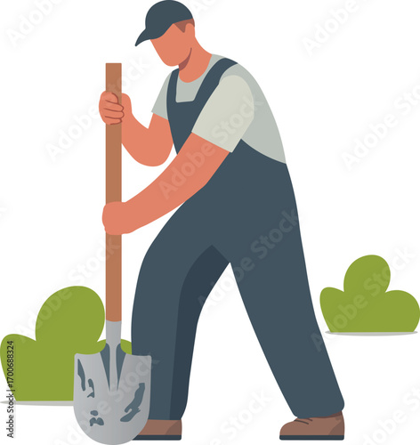 Illustration of a Man Digging Soil with Shovel 