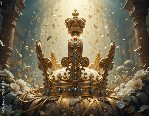 Ornate gold crown with precious gems rests on a bed of white flowers and gold surrounded by flying birds in a majestic hall