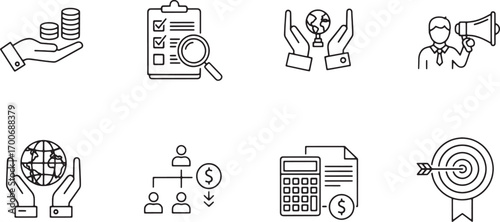 Business Strategy Icons Finance, Marketing, and Global Growth