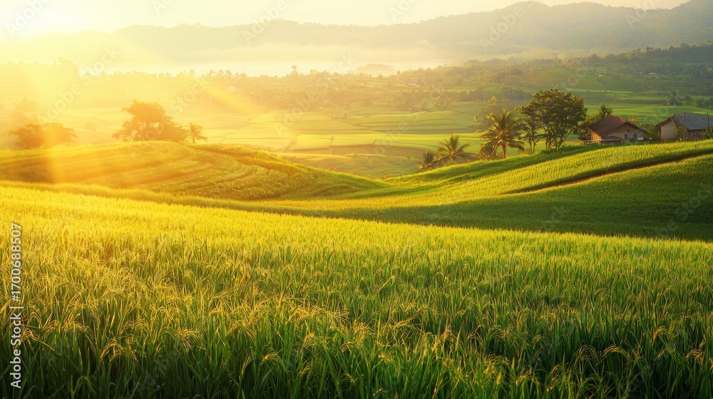 Obraz premium Sunrise over rice paddy