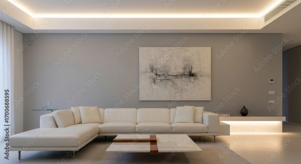 Fototapeta premium Modern, minimalist living room with white sectional sofa, light-gray walls, and abstract art