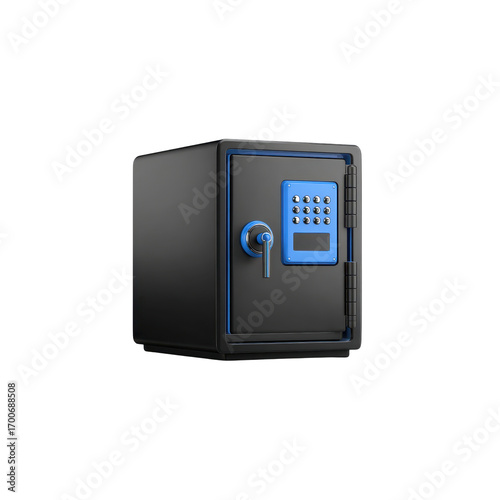 Digital safe with a black case and a blue control panel, transparent background