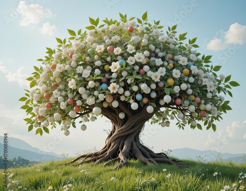 A whimsical Easter tree blossoms with white flowers and colorful eggs against a scenic backdrop