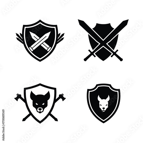 Four stylized black and white heraldic shield emblems featuring crossed weapons and animal silhouettes for a medieval or fantasy theme
