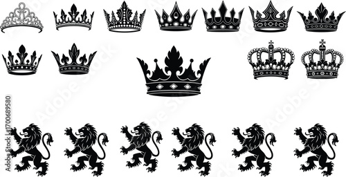 Royal crown and lion vector collection, black heraldic silhouette icons, monarchy symbols, vintage regal elements, royalty design illustrations set