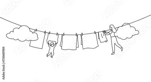 "A cloud of laundry: mother and baby, in the poetry of everyday life, minimalistic vector illustration, on a transparent background"