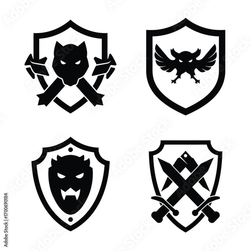 Four stylized black shield emblems featuring a panther owl demon and crossed weapons for fantasy gaming or heraldry design