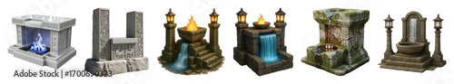 Fantasy stone structure set including fountains, fire pits, pillars, and lanterns isolated. Architectural game asset collection.