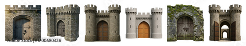 Medieval castle gate set including stone walls, wooden doors, turrets, and weathered archways isolated. Historical architecture elements for design projects.