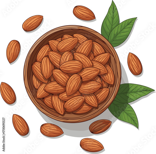 Fresh Almonds with Wooden Bowl and Green Leaves Vector Illustration