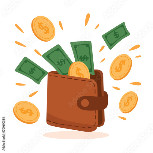 Brown wallet full of dollar bills and golden coins flat illustration isolated on white background