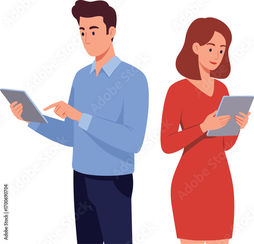 Young man and woman using digital tablets, modern communication, technology usage, casual clothes, isolated characters on white background, vector illustration