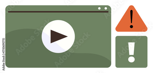 Video player screen with play button alongside caution triangle and exclamation mark highlighting warnings. Ideal for online error, interruption, troubleshooting, caution, notice, alert, and media