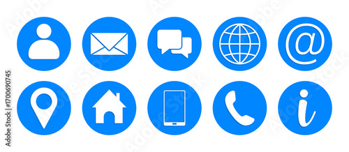 Set of ten glowing blue circular icons representing contact information and services isolated on transparent background