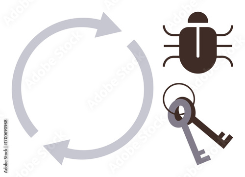 Circular arrows symbolize continuous processes alongside a bug icon and security keys. Ideal for cybersecurity, bug tracking, vulnerability management, IT protection, software development, data