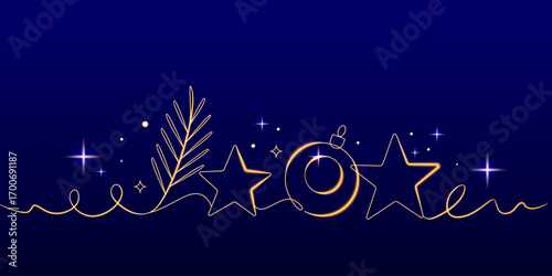 One continuous line drawing of Christmas greeting card with Christmas tree branch, Christmas balls and stars. simple line style. Christmas decor. Vector illustration in doodle style.