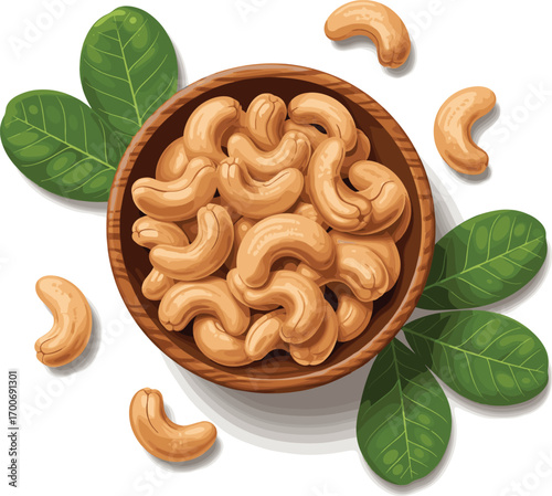 Fresh Cashews with Wooden Bowl and Green Leaves Vector Illustration