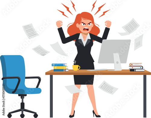 Angry businesswoman shouting at office desk, frustrated employee stress, workplace tension, office meltdown, female professional upset, workplace conflict illustration.