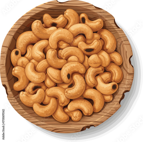 Fresh Cashews with Wooden Bowl Vector Illustration