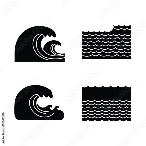Four stylized black silhouette illustrations of ocean waves in different artistic representations on a white background