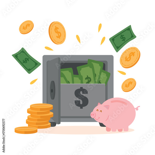 Open safe full of dollar bills and golden coins with piggy bank flat illustration isolated on white background