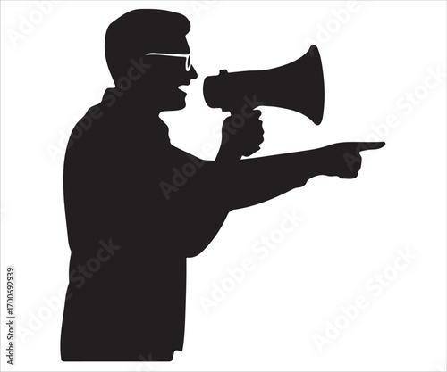Vector silhouette of man shouting with megaphone and pointing hand symbol
