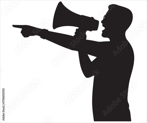 Silhouette of man shouting through megaphone and pointing hand vector illustration, black outline design symbolizing protest, announcement, leadership, communication, activism, public speaking, and at