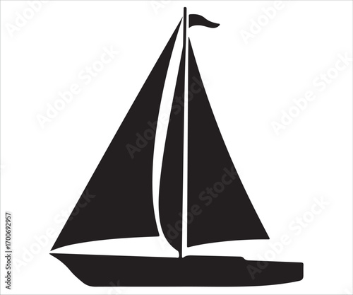 Silhouette of sailboat vector illustration, black outline of yacht with sails symbolizing marine transport, adventure, leisure travel, nautical sport, ocean journey, sailing lifestyle, minimal maritim