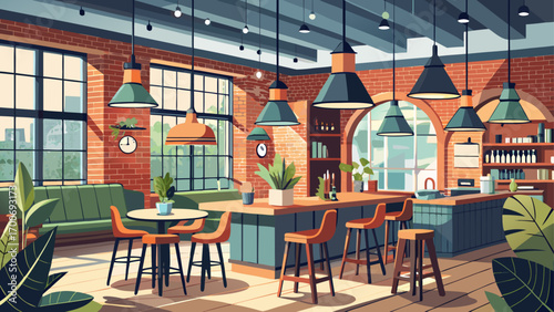 Gorgeous 360-degree panorama of a modern urban café, featuring industrial brick walls, charcoal gray stools, wooden counters, and hanging Edison bulbs, blending rustic charm with contemporary city vib