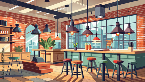 Gorgeous 360-degree panorama of a modern urban café, featuring industrial brick walls, charcoal gray stools, wooden counters, and hanging Edison bulbs, blending rustic charm with contemporary city vib